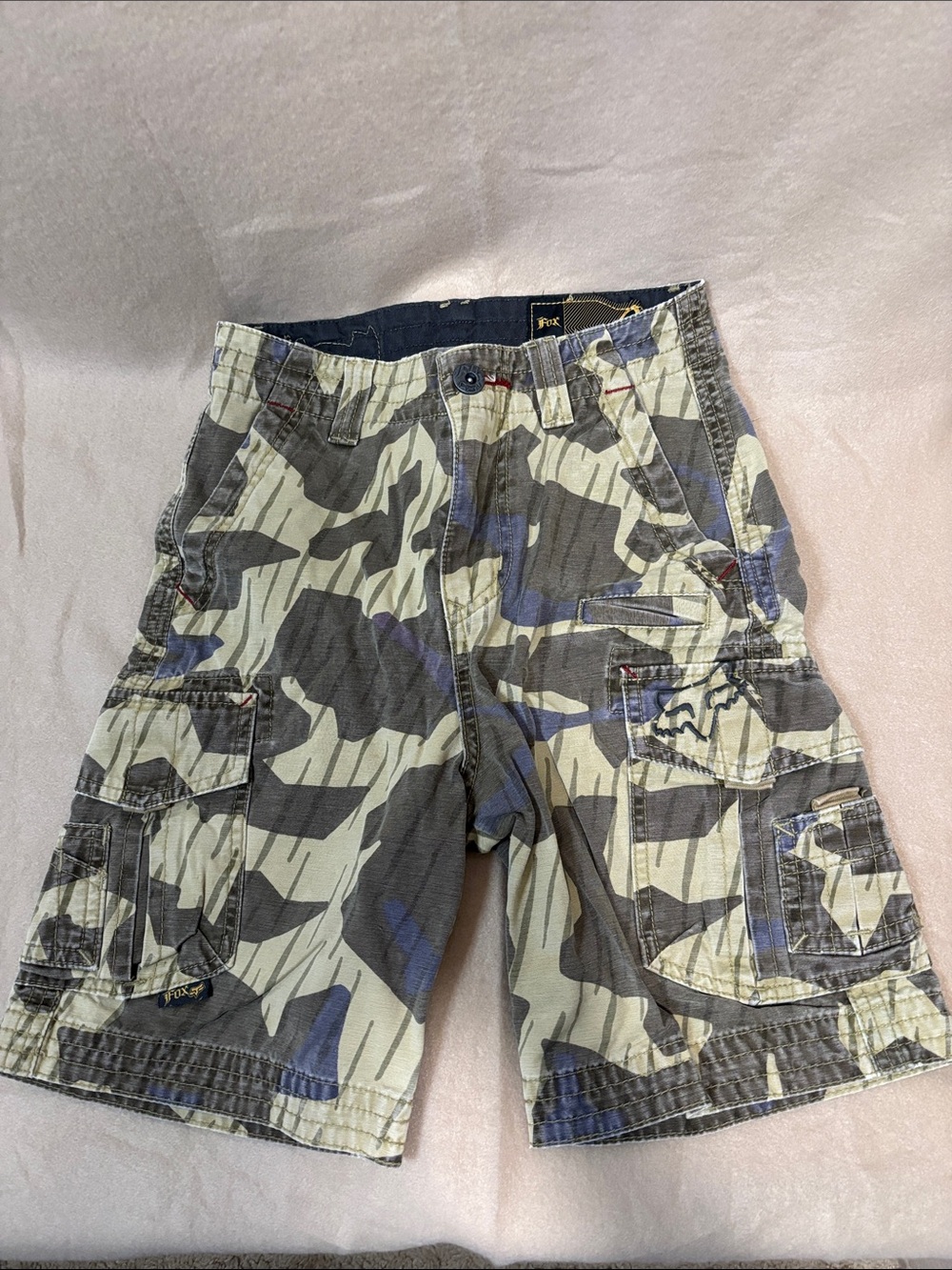 Fox Denim Mens Cargo shorts Size 24 Army Green Camo Pattern 100% Cotton New